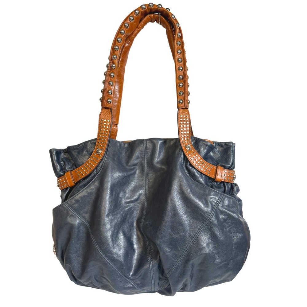 Boho Indie Grunge Navy Blue Leather Studded Hobo Shoulder Bag Large Oversized - Picture 1 of 16